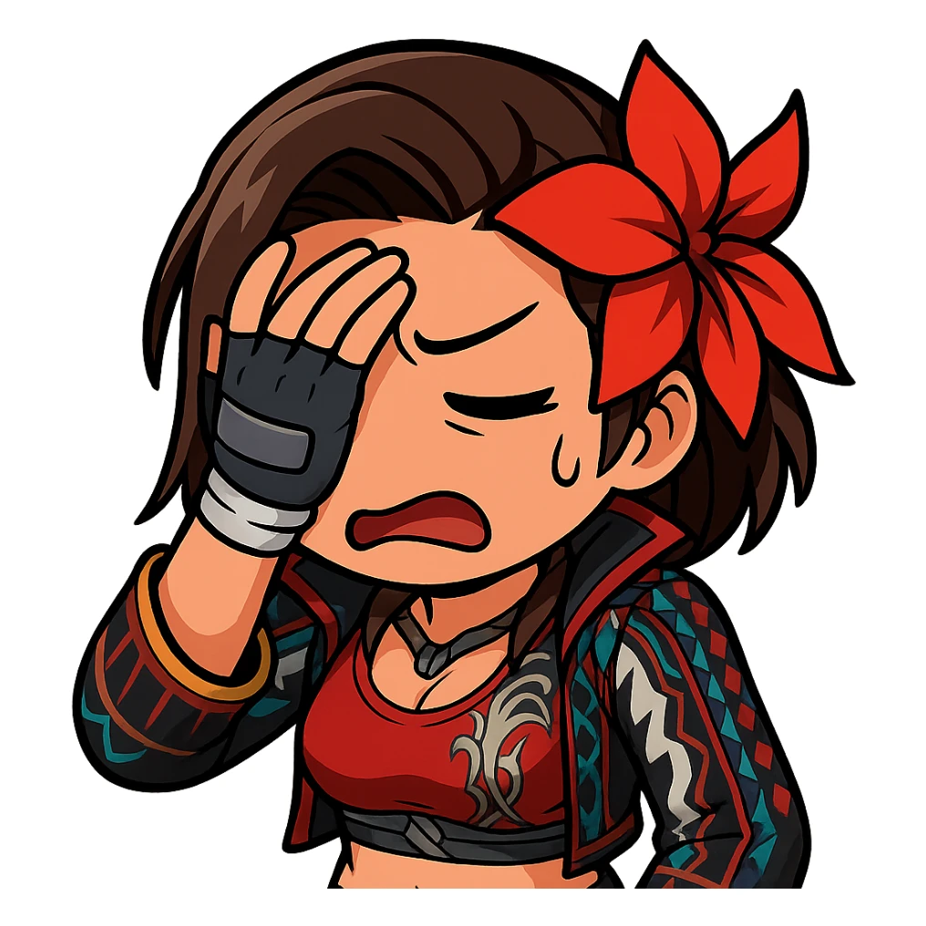 Azucena from Tekken 8 in chibi sticker style with facepalm and exasperated expression, standard Twitch emote, wearing her detailed red and patterned outfit as shown in the reference images. sticker