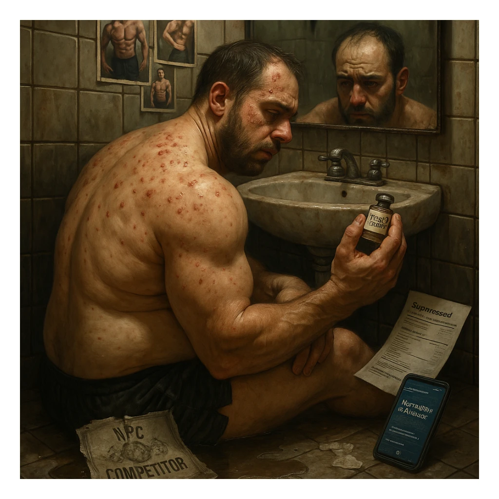 A 35-year-old bodybuilder sits shirtless on a bathroom floor, clutching an empty vial labeled "Test E 250mg". His physique shows the paradox of PED abuse: bloated stomach (high estrogen), but zero exceptional muscle gains.  

Hyper-detailed elements:  
- **Needle marks** (track lines) on glutes with fresh bruising  
- **Acne clusters** on shoulders (CYP-induced)  
- **Lab papers** showing crashed LH/FSH (HPTA suppression)  
- **Phone screen** glowing with forum posts: "No risultati in 8 weeks"  

The mirror reflects his exhausted face (dark circles, receding hairline) contrasting with gym selfies on the wall showing his younger natural self. A torn "NPC Competitor" certificate floats in dirty water.  sticker