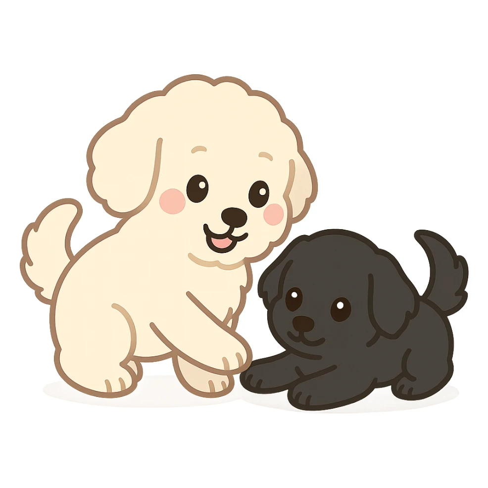 large light cream colored goldendoodle and small black golden retriever, chibi style, playing together sticker