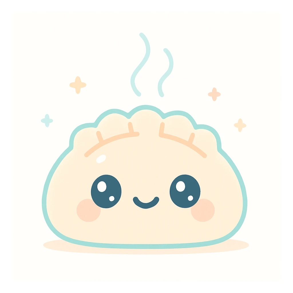 a dumpling with steam rising, smiling face, kawaii style, adorable, cute expression sticker