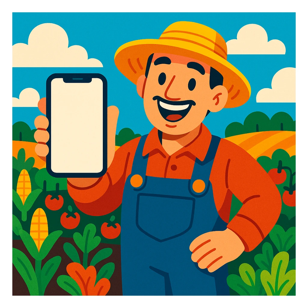 A smiling farmer showing a smartphone screen, surrounded by crops, friendly and approachable. sticker