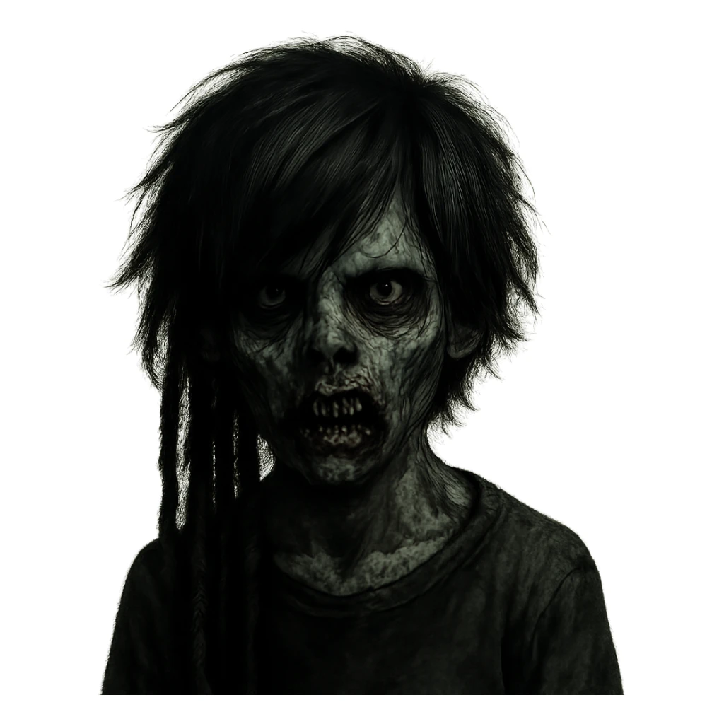 boy zombie with black medium-long emo shaggy hair and dreads, dark and spooky, creepy expression sticker
