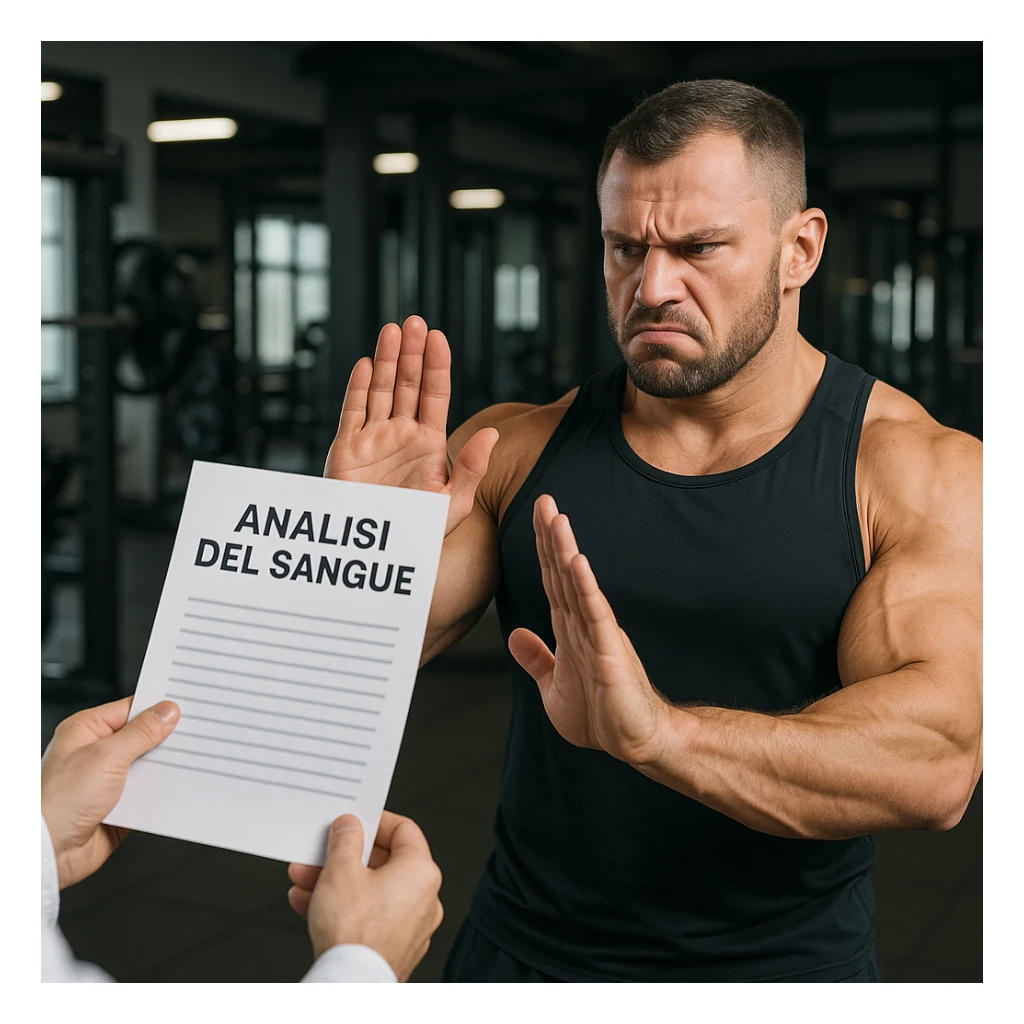 muscular bodybuilder in a gym with an annoyed expression, refusing a paper with the text 'Analisi del sangue' offered by a doctor, denial gesture with hand, wearing sportswear, Italian text, 4K quality sticker