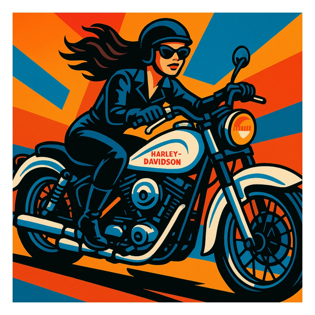 A woman in black leather riding a white and blue Harley Davidson motorcycle, dynamic pose, detailed, vibrant colors, modern vibrant toon style illustration sticker