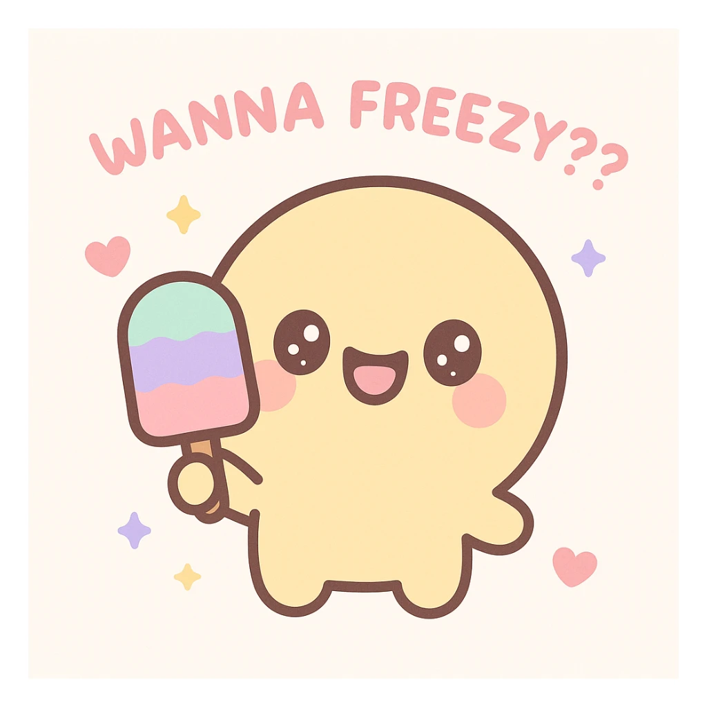 emoji character with a playful expression, holding a popsicle, with the text 'wanna freezy???' in a fun font, kawaii style sticker