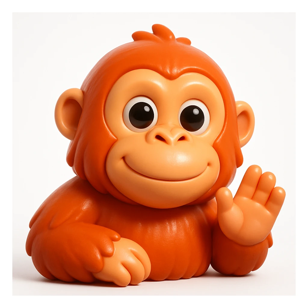 3D rendered emoji-style illustration, glossy plastic-like materials, soft ambient occlusion, rounded forms, high-detail textures, clean white background, Apple emoji aesthetic, subsurface scattering on skin, vibrant saturated colors, cute proportions with large expressive eyes, studio lighting with soft shadows, orangoutang  sticker