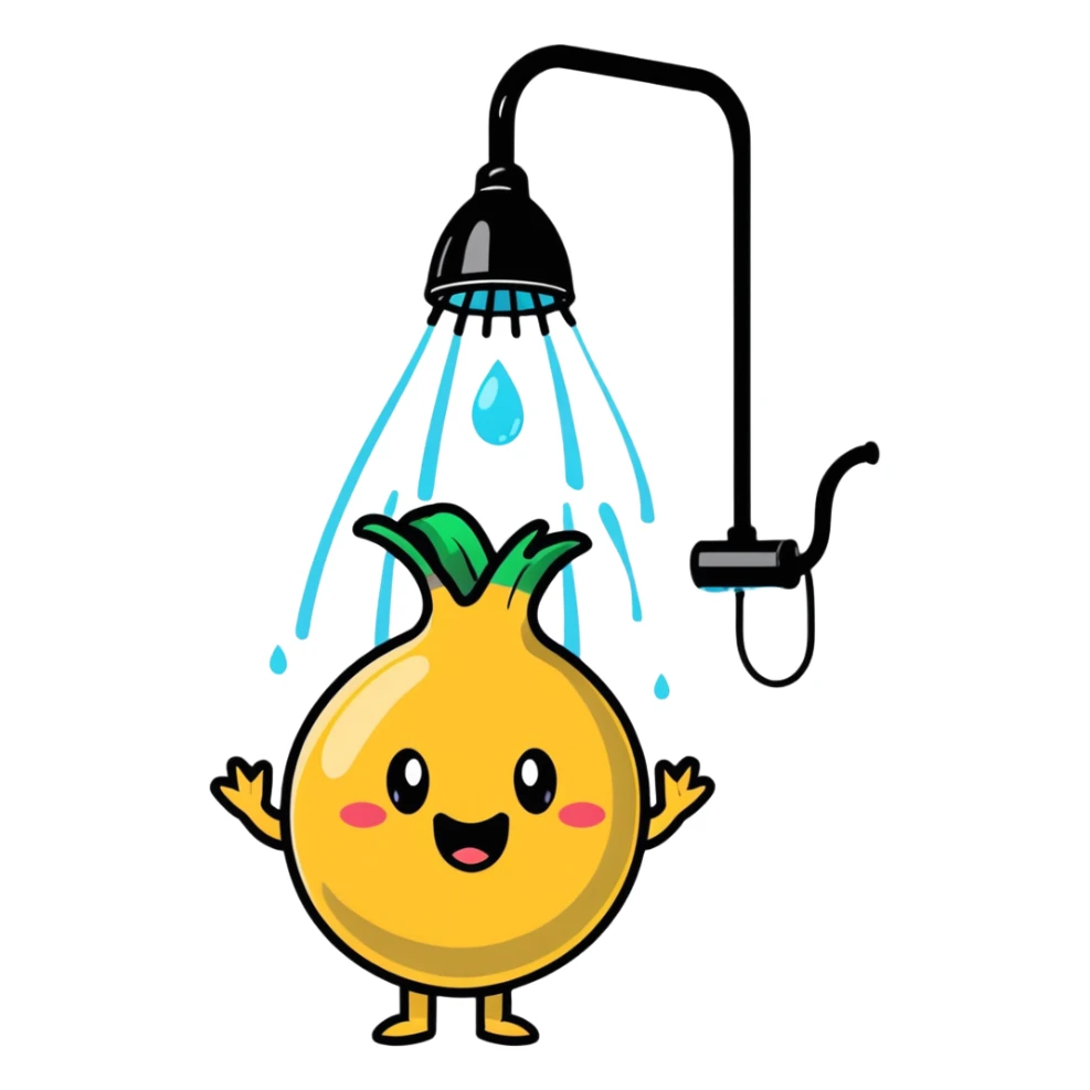 onion character taking a shower, water pouring from showerhead sticker