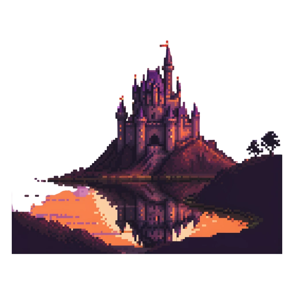 castle at sunset with warm orange and purple sky, dramatic lighting, no characters sticker