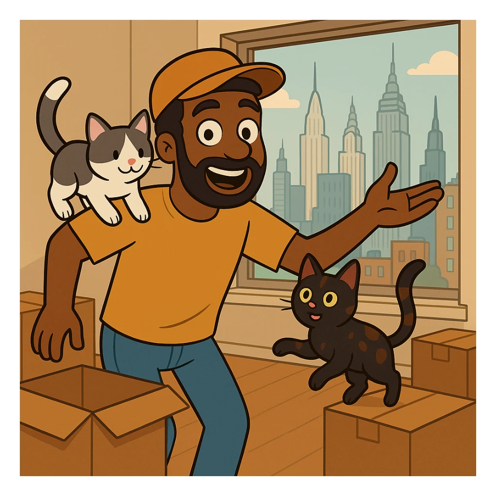 Edit the image to have one cat white and gray, the other cat dark brown and black. The man should have medium length curly hair and be wearing a cap. Keep the NYC apartment moving scene and overall style consistent. sticker