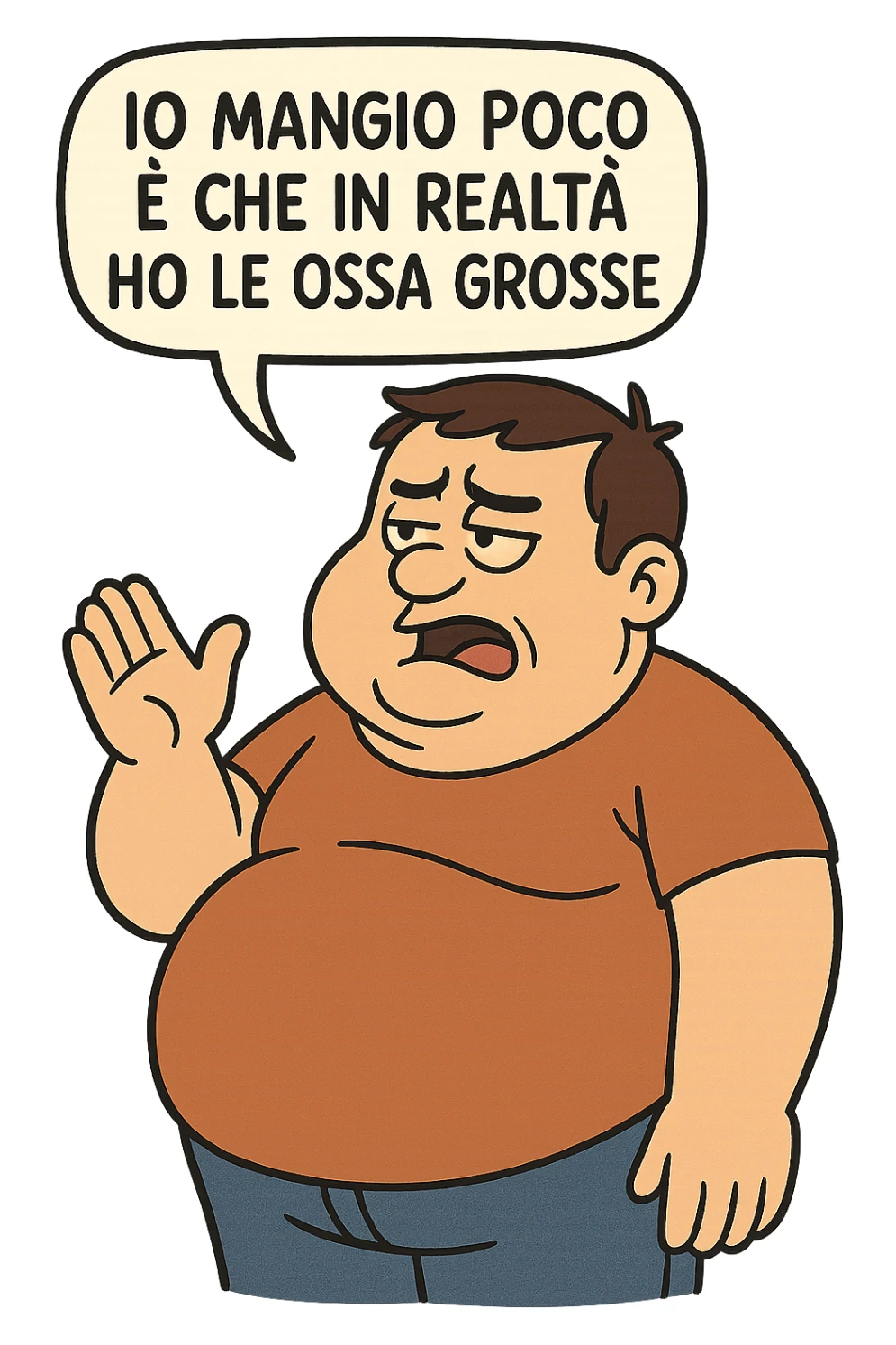 uomo che dice "Io mangio poco è che in realtà ho le ossa grosse" , trovando scuse per il suo peso corporeo sticker