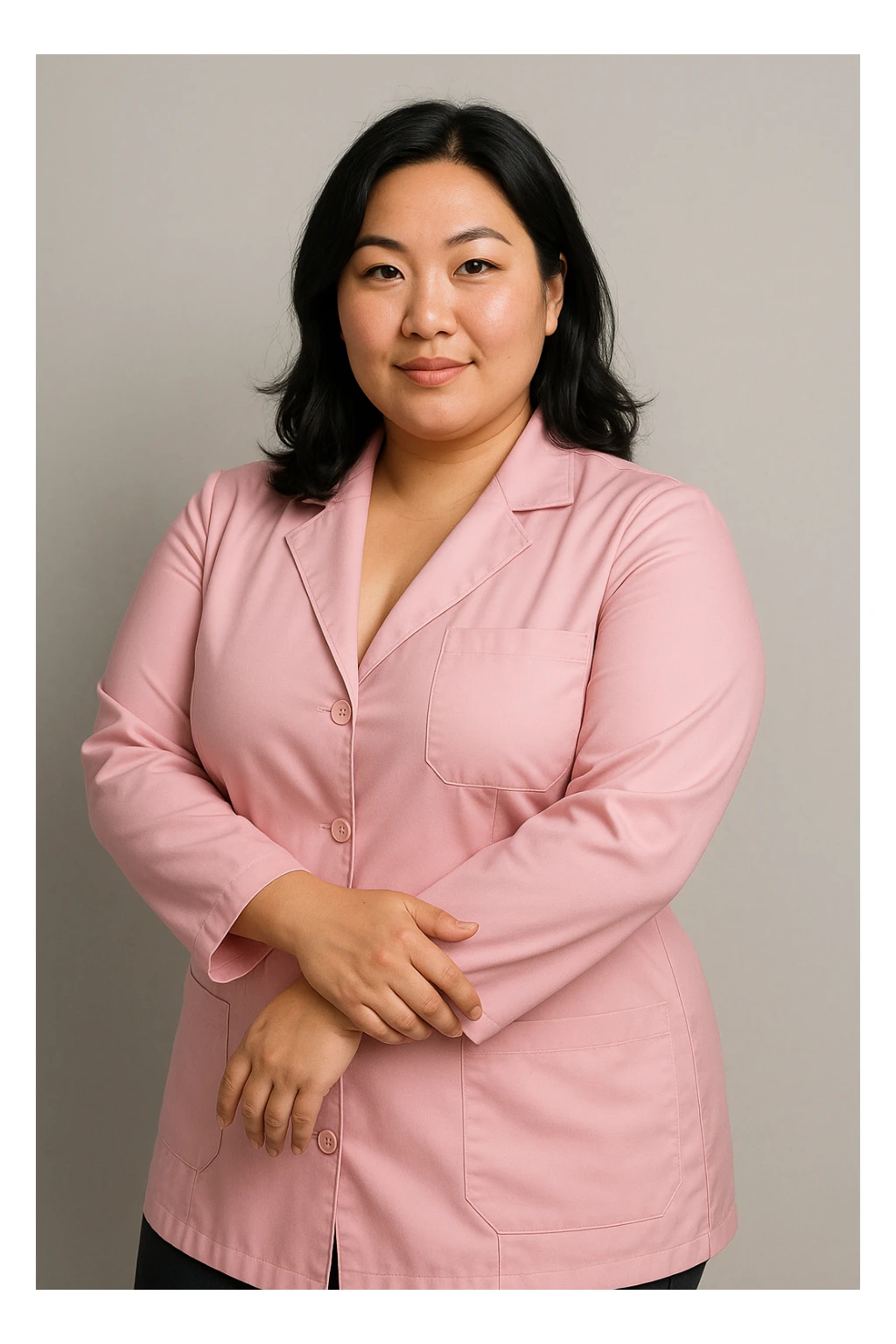 A beautiful white woman, Asian style, with black hair and a pink lab coat, posing confidently, slightly curvy. sticker