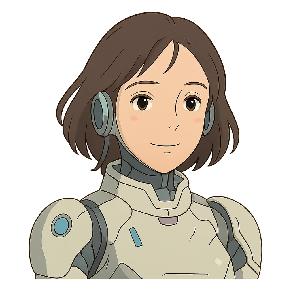 ghibli style AI agent with soft, human female features, gentle smile, subtle futuristic elements sticker