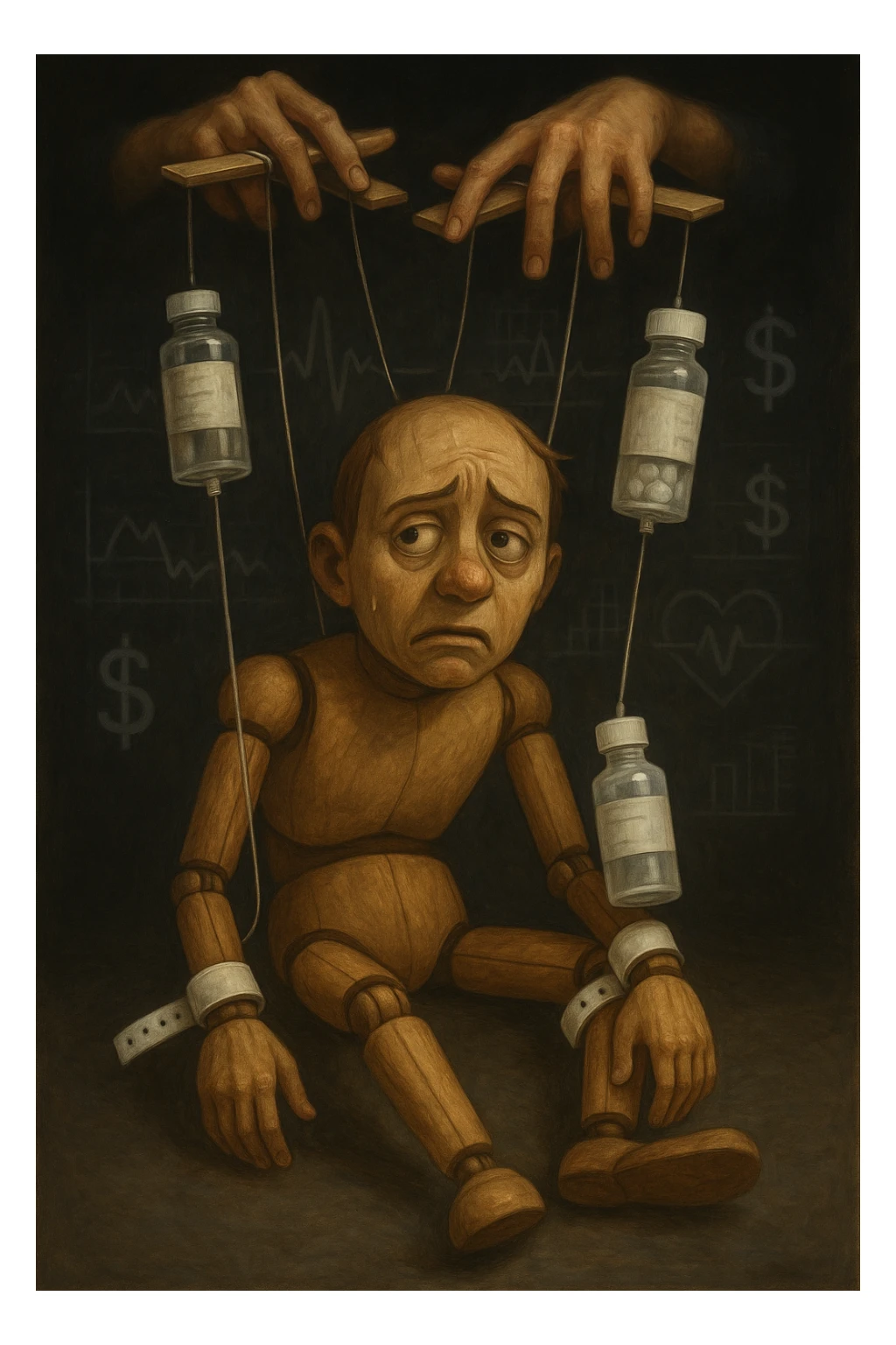 a marionette puppet with hospital bracelets and medication bottles as strings is controlled by unseen hands from above. The puppet’s face shows confusion and fatigue, representing the feeling of being managed by an invisible system. The background is dark, with faint images of medical charts and dollar signs. in italiano sticker