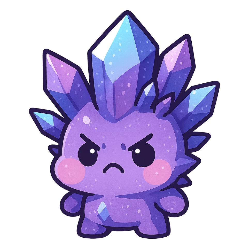 kawaii chibi style crystal sprite creature, purple, blue, and pink colors, angry expression, puffed cheeks sticker