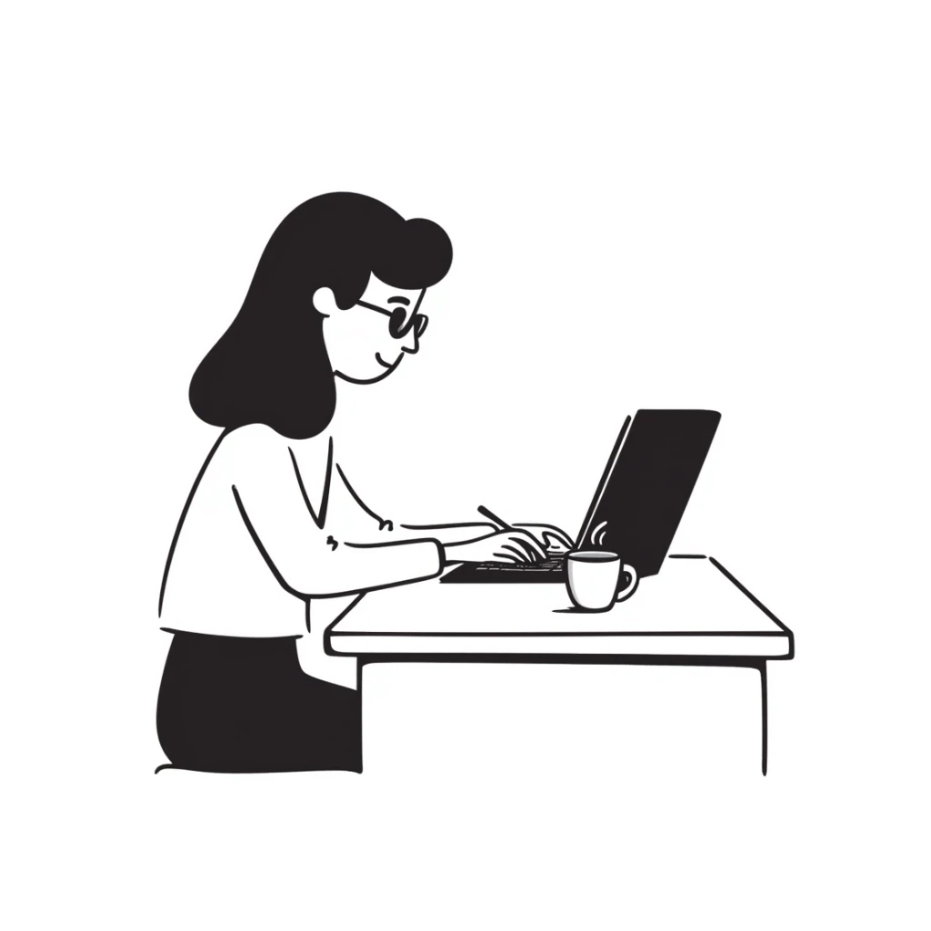 blonde writer woman wearing glasses working on a laptop sticker