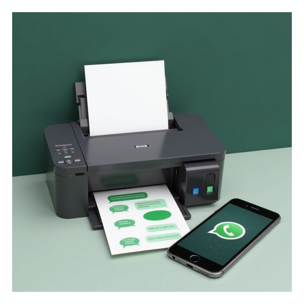 realistic thumbnail for a WhatsApp print out service, featuring a printer outputting a sheet of paper with WhatsApp chat bubbles, and a smartphone nearby showing the same chat sticker