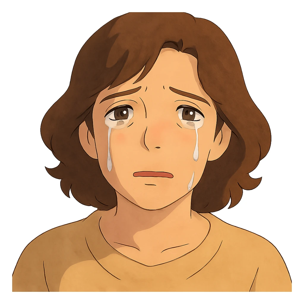 ghibli style face of a mother with teared up eyes, soft lighting, emotional expression sticker