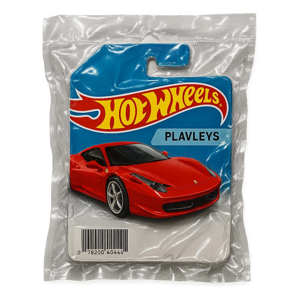 Hot Wheels packaging with a red Ferrari car labeled 'PLAVLEYS', glossy, no background sticker