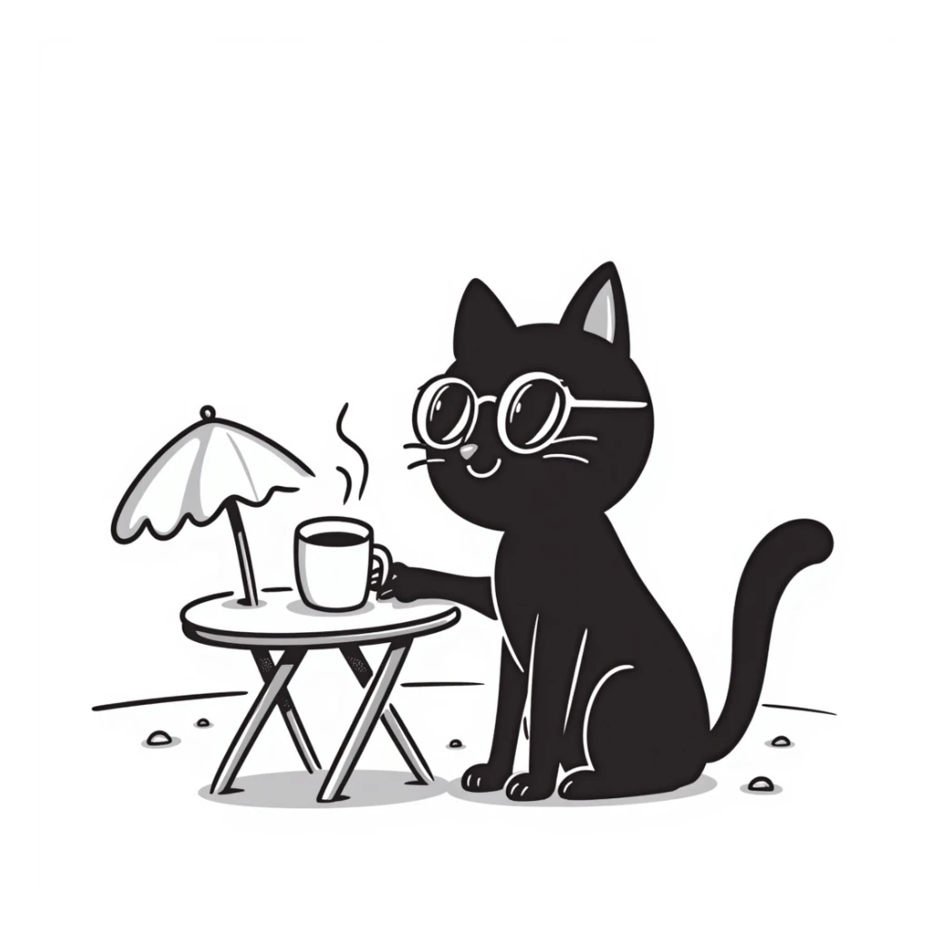 a cat wearing glasses and drinking coffee sitting at the beach sticker