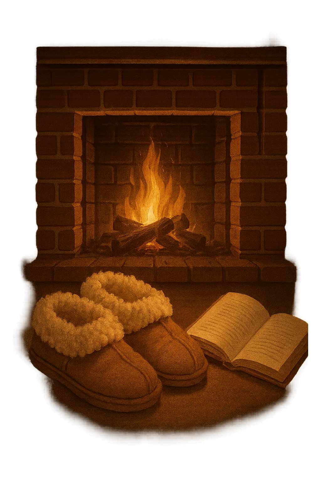 cozy slippers and a book by a fireplace, warm glow sticker