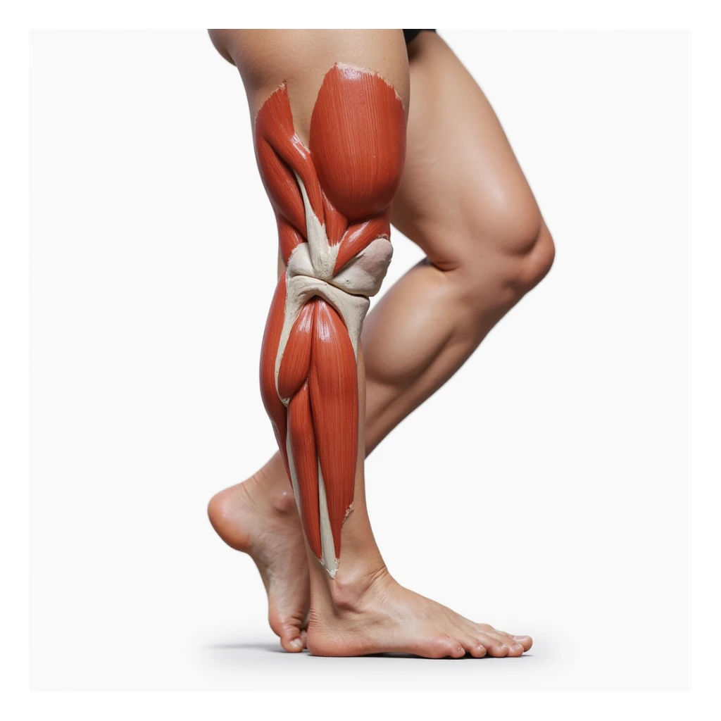 hyperrealistic illustration on white background of a leg with overload: unbalanced posture, all weight on the leg, quadriceps area highlighted, 4K details, variant 6 sticker