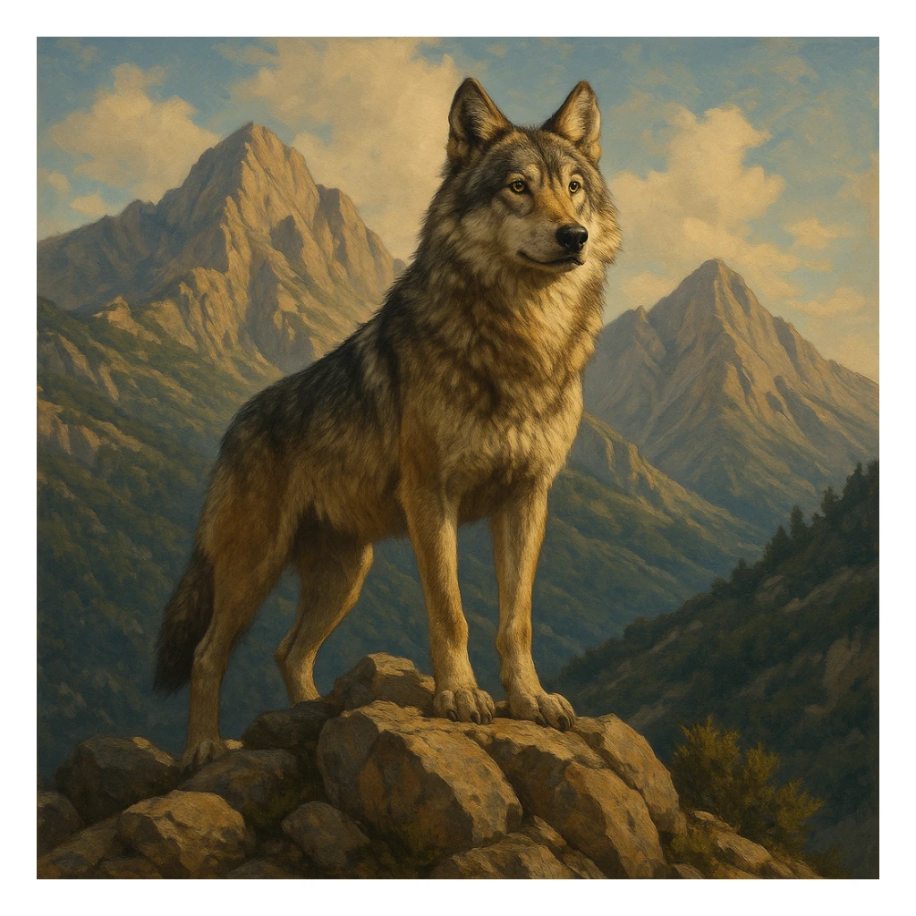a majestic wolf standing on a rocky peak inspired by the Taygetos mountains, wild and noble expression, natural colors, detailed fur, hint of Greek wilderness sticker