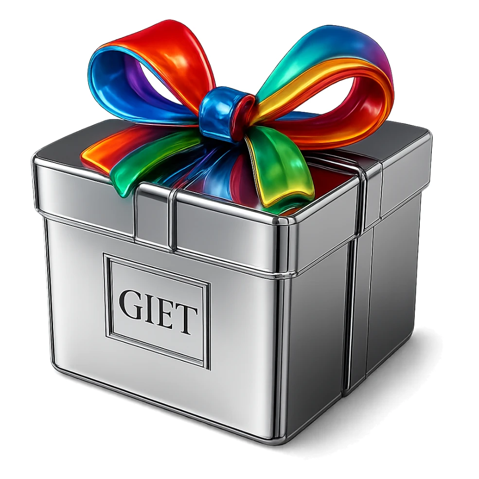 Make the bow on the chrome gift box colorful while keeping the box metallic and polished, no background. sticker