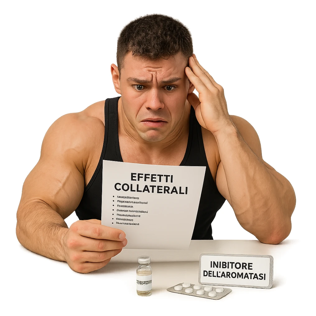 beginner bodybuilder consulting list of side effects written in Italian, vial labeled 'Testosterone' and blister pack labeled 'Inibitore dell'aromatasi' on table, anxious expression, swollen muscles, white background, 4K quality sticker
