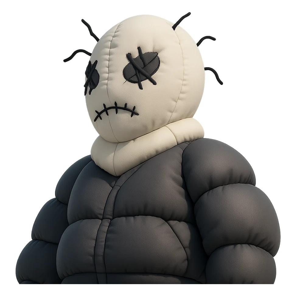 This image shows a person wearing a unique and artistic outfit. The perspective is shot from a low angle, making the figure appear imposing and dramatic. Here are the key elements:
	•	Headgear: The person is wearing a white knitted balaclava-style mask with black, irregular stitched designs and protruding black threads, giving it a surreal or avant-garde look.
	•	Clothing: The outfit appears to be a dark, possibly custom or streetwear-style jacket with visible seam or pattern details.
	•	Setting: The background is minimalistic, featuring clean white walls and sharp architectural lines, contributing to a modern and abstract aesthetic.
	•	Vibe: The overall feel is edgy, mysterious, and highly stylized—reminiscent of conceptual fashion photography or art-driven editorial shoots. sticker