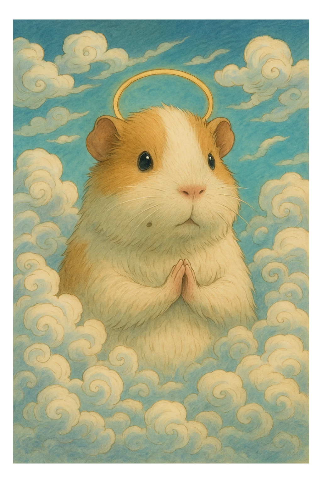 almighty guinea pig god with a mole on the left cheek, surrounded by clouds, whimsical, ghibli-inspired sticker