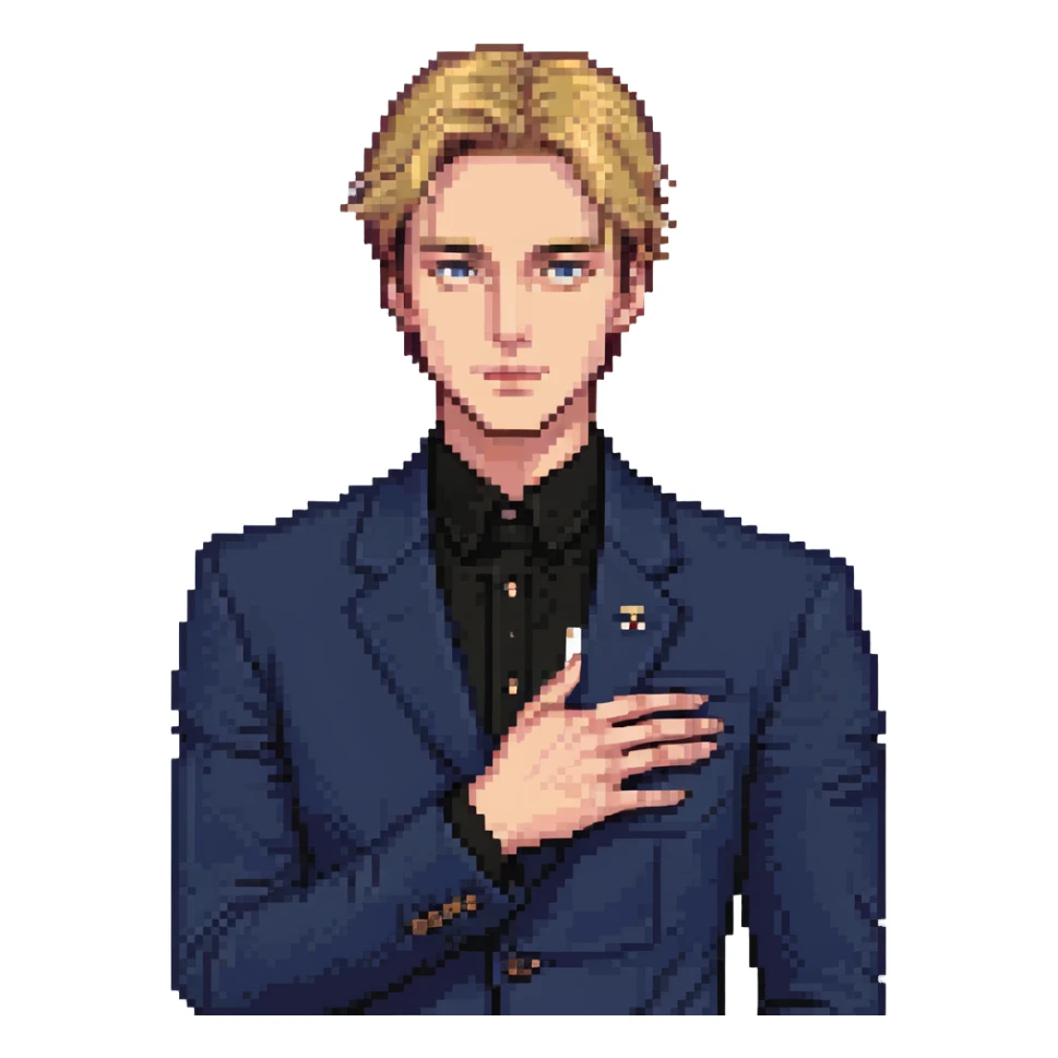 Flat pixel art, focused and reserved male thinker, fair skin, short sleek sandy hair, intense sharp eyes, wearing a deep indigo suit jacket over a black shirt, left hand thoughtfully touching chin, waist-up, front-facing sticker