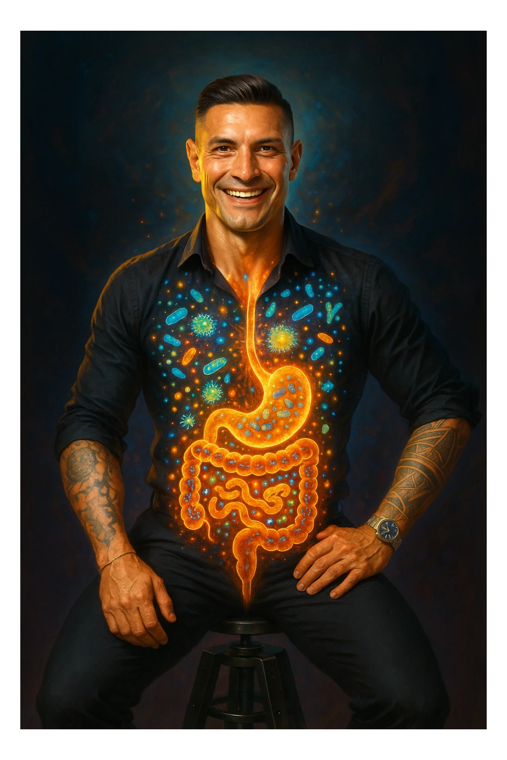 Radiant man with transparent digestive system showing diverse, thriving gut bacteria colonies in perfect balance, beneficial microorganisms glowing like constellation patterns throughout intestines, expression of optimal health and vitality, digestive tract functioning as harmonious ecosystem, immune system strengthened by microbial diversity, energy levels at peak performance sticker