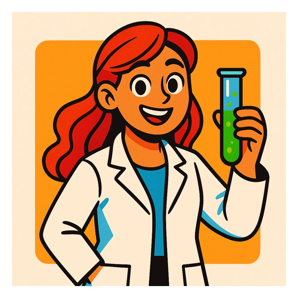 a beautiful girl scientist wearing a lab coat holding a test tube cheerful expression modern cartoon style sticker