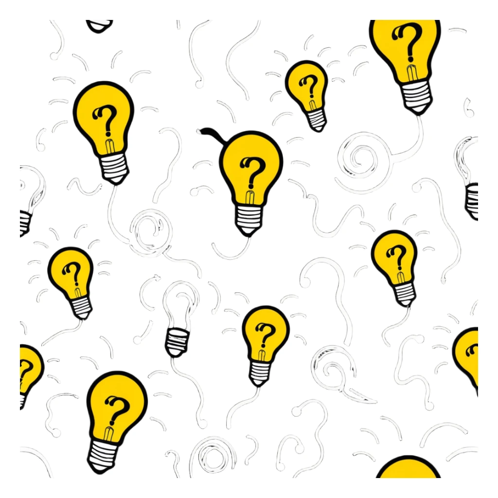 Group of men with chaotic minds, swirling tornadoes of tangled thoughts around their heads, containing question marks, light bulbs, and scribbles. The men have bewildered, overwhelmed expressions. sticker