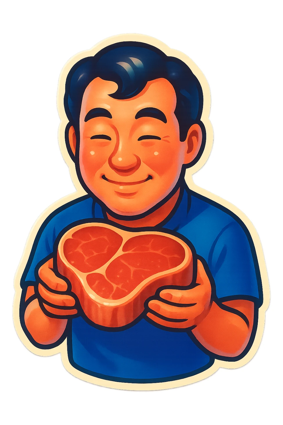 A Japanese man with a loving look holds a steak in his hands, preparing to eat it sticker
