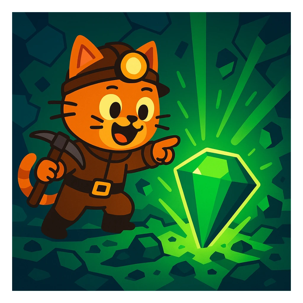 A cat-costumed miner excitedly finding a massive emerald at y -255, cartoon style, with glowing green light. sticker