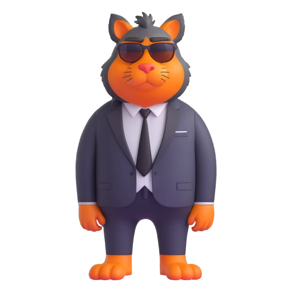 large furry cartoon creature with big orange nose, wearing sunglasses and black tie, standing upright, looking slightly to the left, grumpy expression, centered full body, plain blue background, 3D rendering style, smooth textures, bright lighting, humorous and playful mood sticker