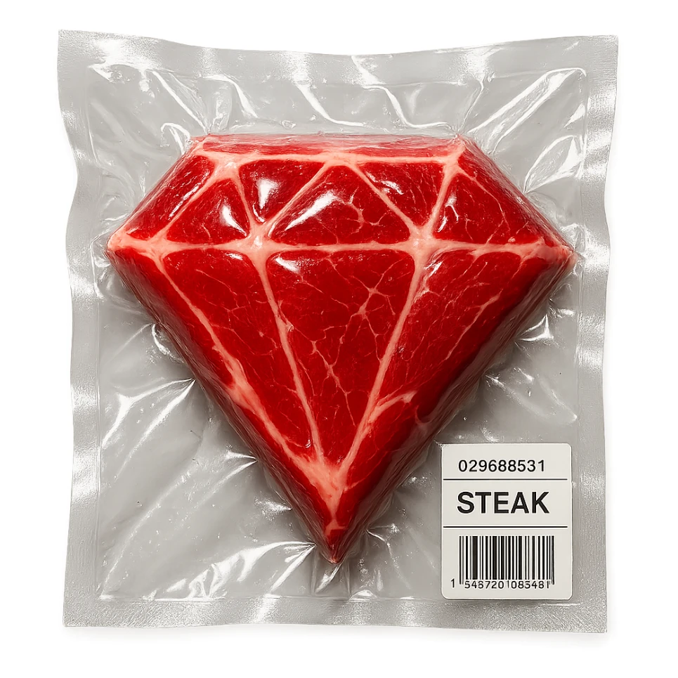 steak shaped like a diamond, extra glossy and puffy vacuum-sealed style sticker