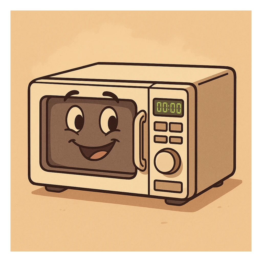 cartoon-style microwave oven with a digital display sticker