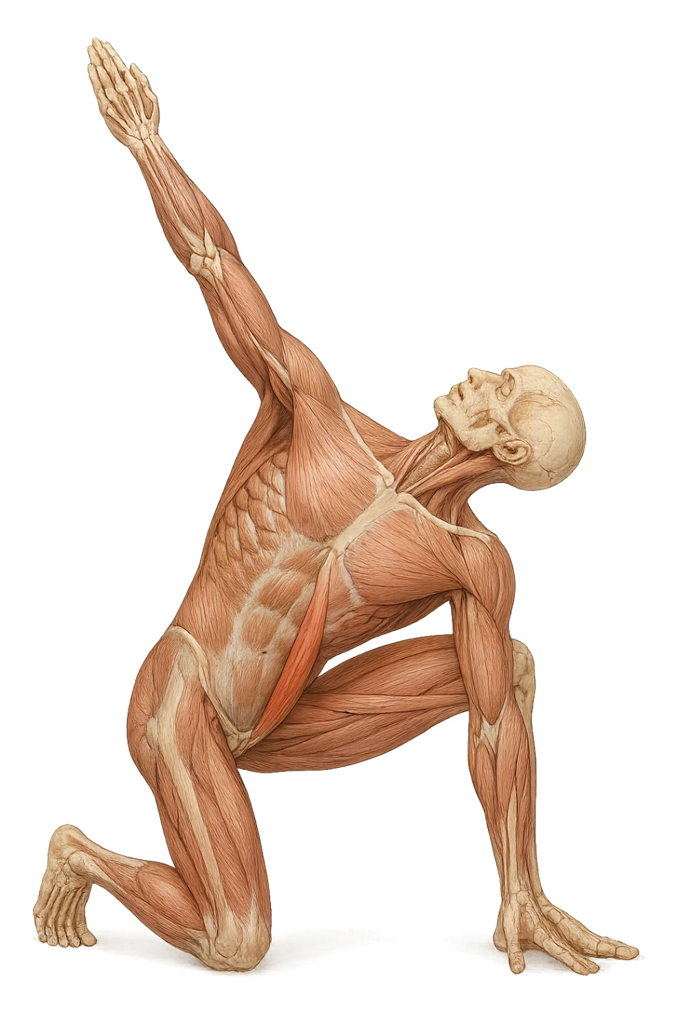 corpo umano anatomico realistico che fa stretching allungando il muscolo PSOAS, isolato su sfondo bianco sticker