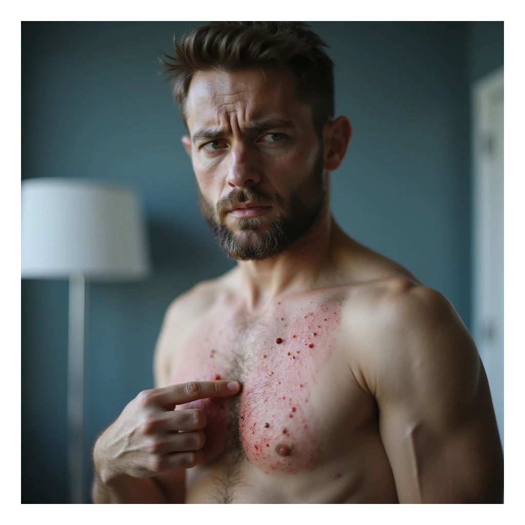 realistic man with inflamed rash on torso, gently examining the area with worried expression, soft lighting, clinical background, medical realism, dermatology focus, 4K sticker