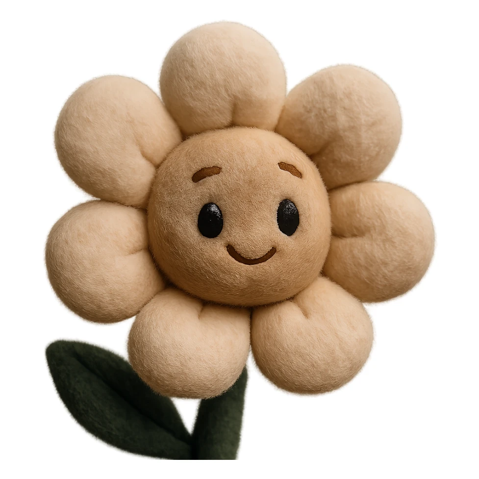 a plush flower, soft and cute, with stitched petals and a smiling face sticker