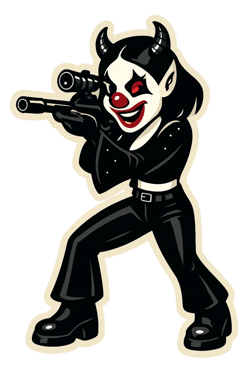 Render the character in retro sticker style with clean lines and a single subject. The character's nose, eyes, and mouth are red; the rest of the look is black, white, or gray. Transparent background. sticker