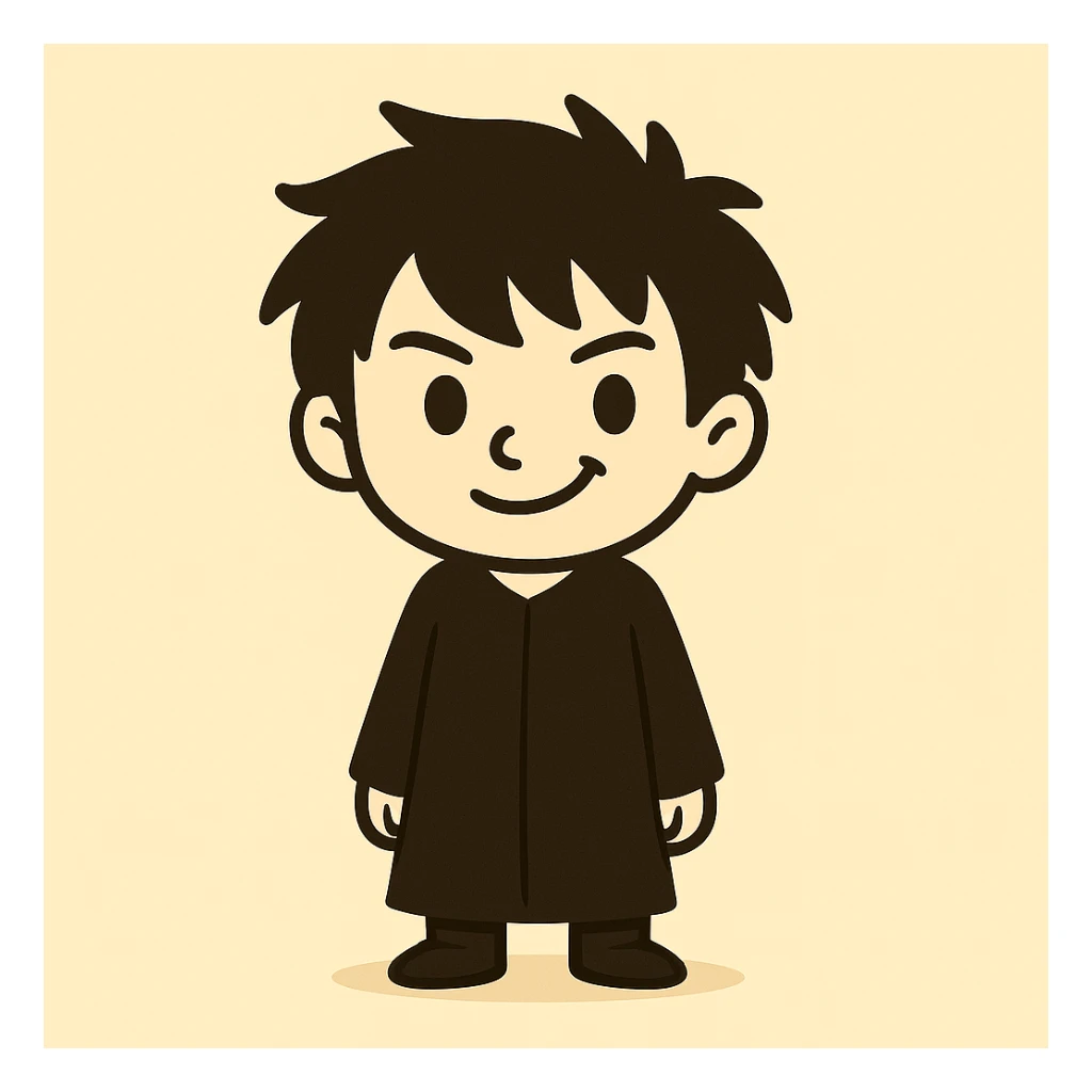 Adjust the character's face to exactly match the style of the references: simple black oval eyes and a subtle smile, keeping the messy black hair, long black dress, and a mischievous expression, with a light beige background. The style should reflect the look of the provided references. sticker