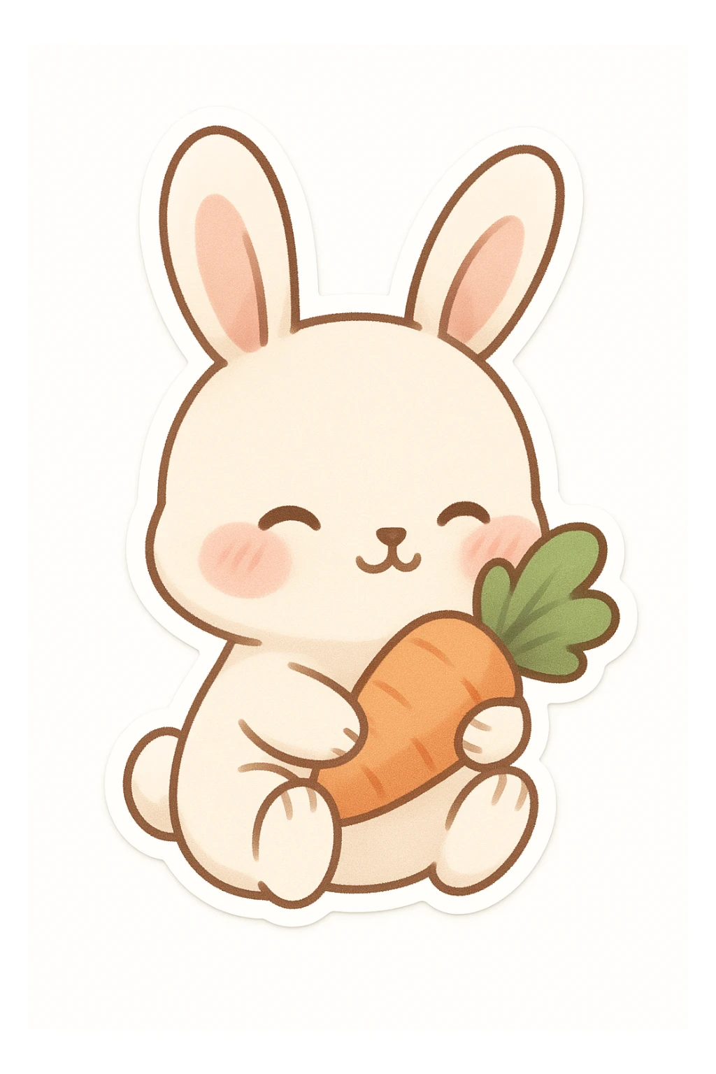 chibi sticker of a blushing bunny holding a carrot, pastel colors, white background sticker