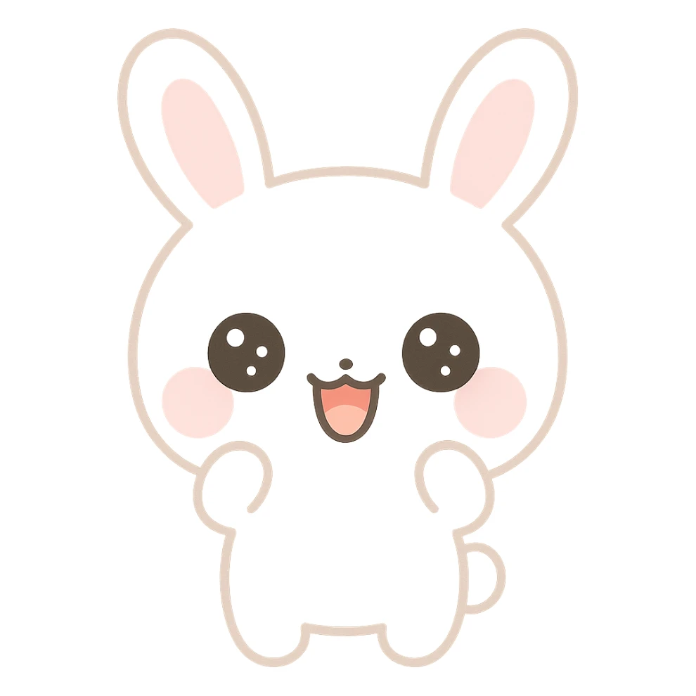 Enhance the bunny by making its fur a pure, bright white color while keeping the kawaii style, pink cheeks, and all other features the same. No background. sticker