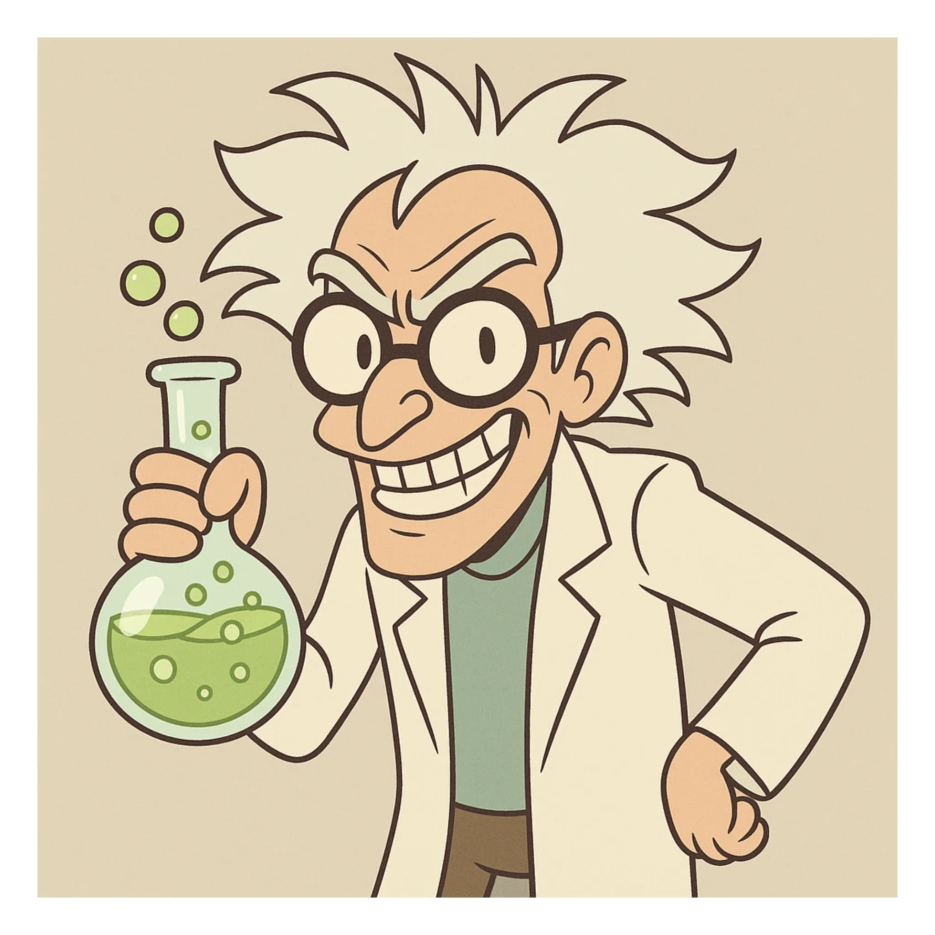 mad genius with wild hair, glasses, mischievous grin, holding a bubbling flask, cartoon style sticker