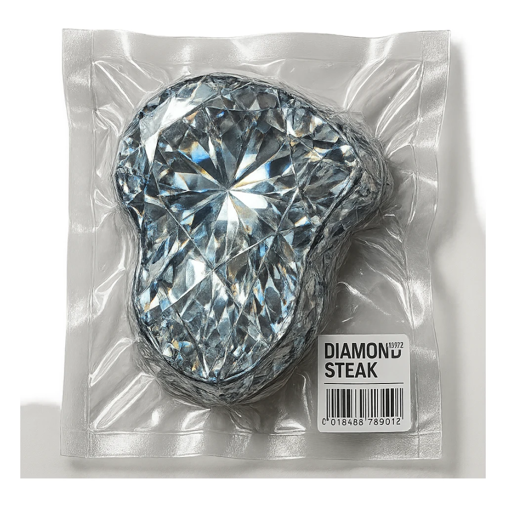 meat steak made of diamond, glossy and puffy, vacuum-sealed style sticker