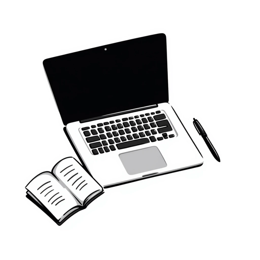 top view of a MacBook and a notebook with a pen nearby sticker