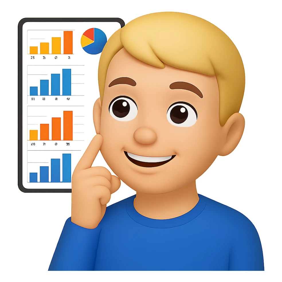 Person thinking with graphs in the background, smiling, in apple emoji style with a yellow background. sticker